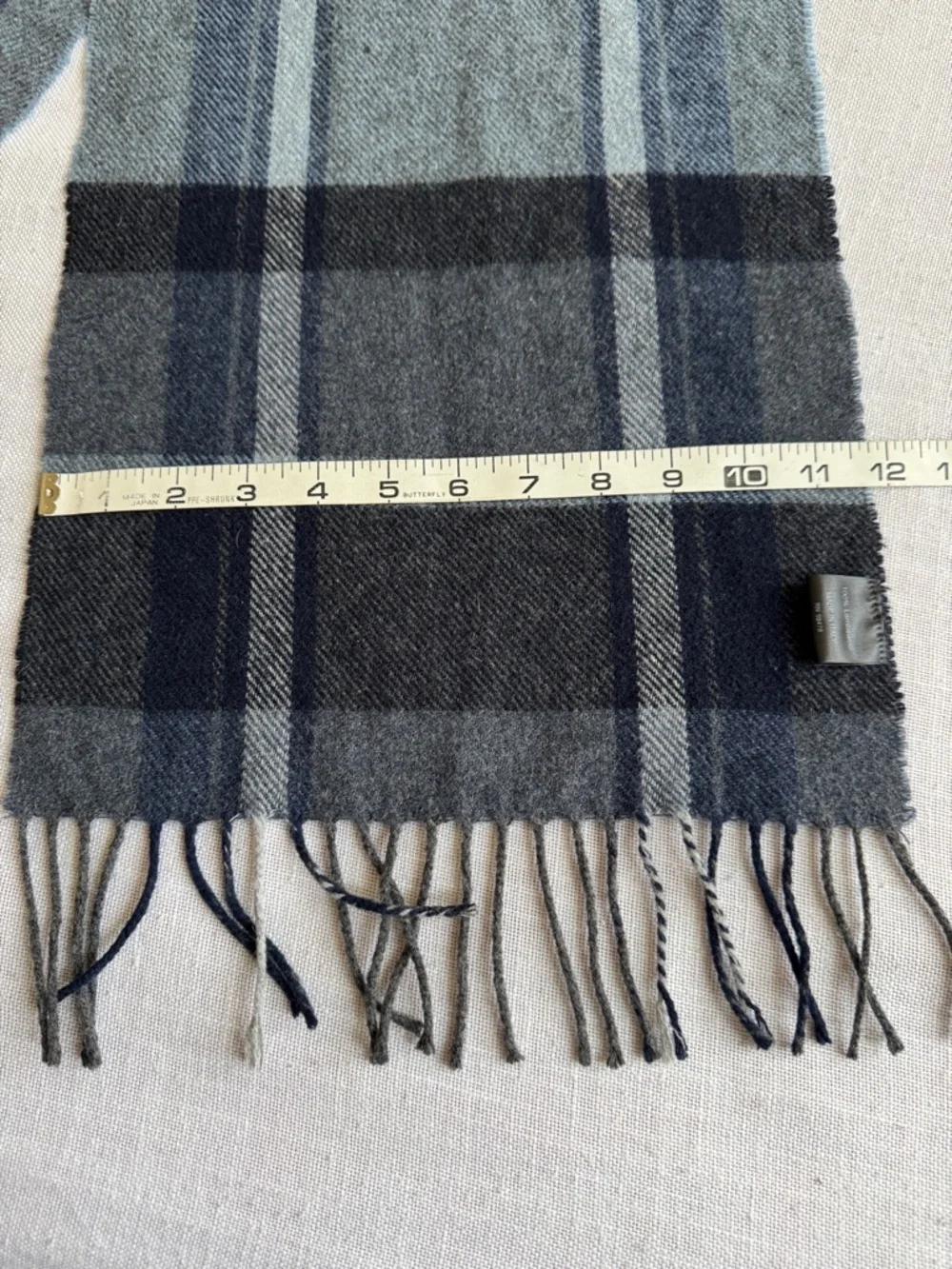Italian Woollen Treasures Plaid 100% Wool Black Grey Plaid Scarf 11”x66”